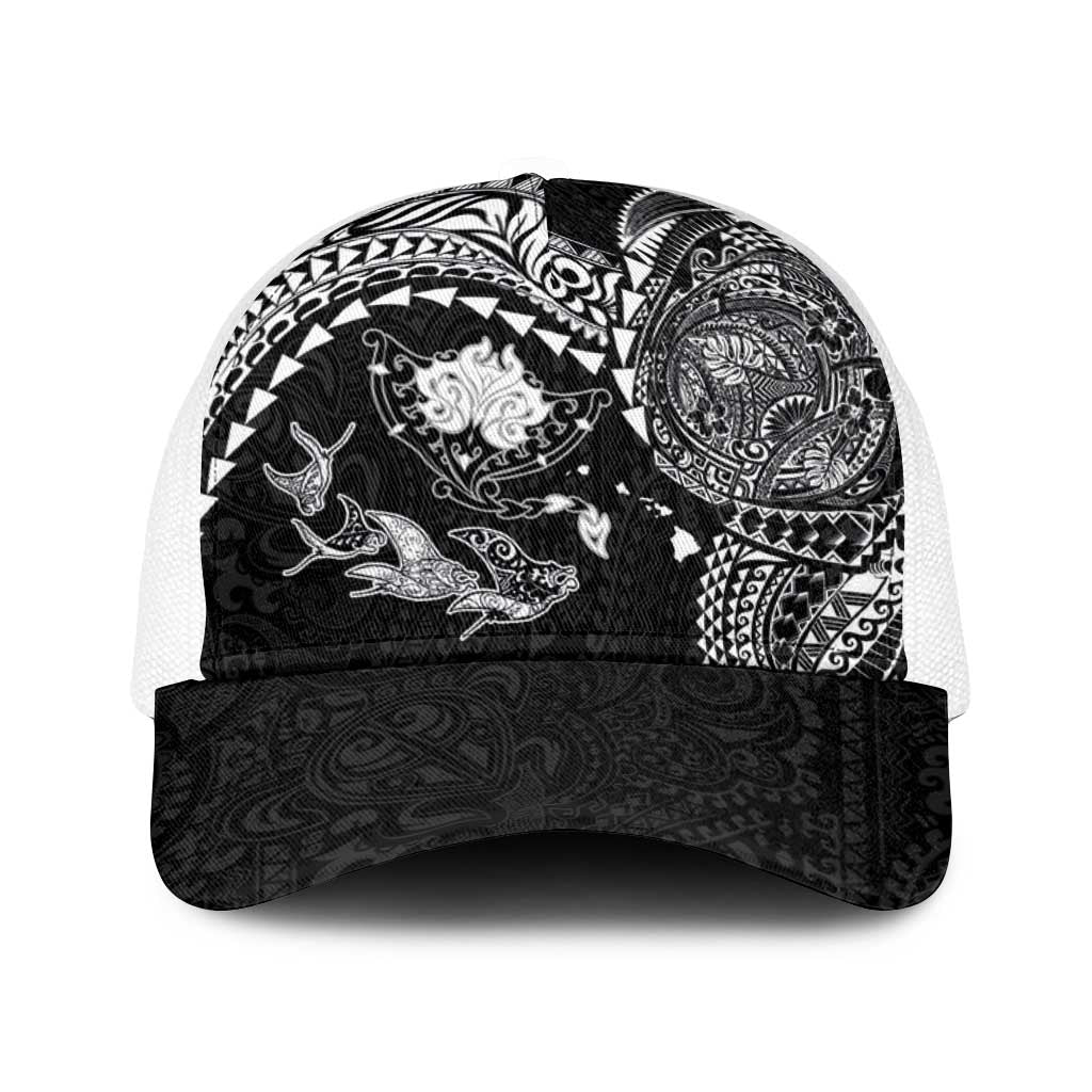Hawaiian Manta Ray Tribal Baseball Net Cap Polynesian Art Motifs Black Color LT03 One Size White Black - Polynesian Pride