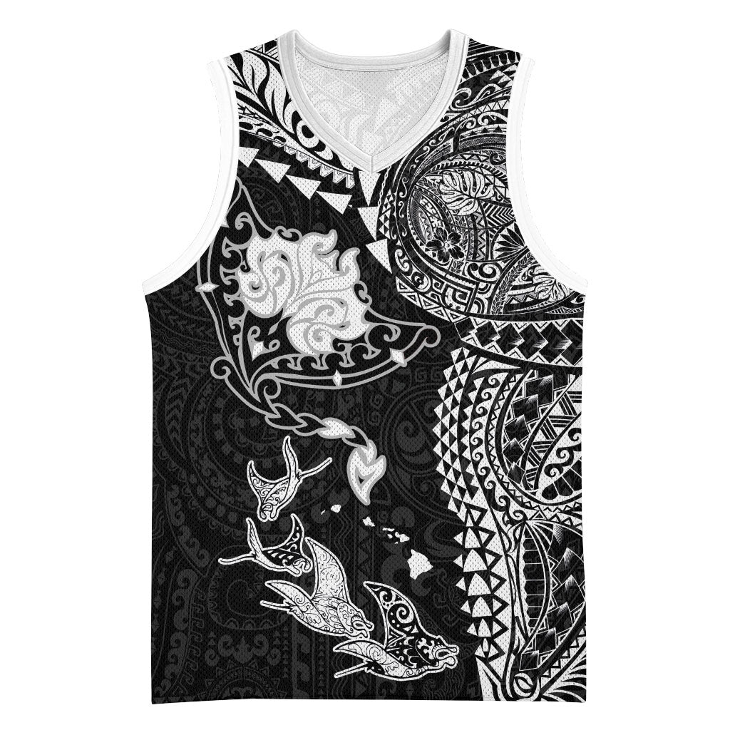 Hawaiian Manta Ray Tribal Basketball Jersey Polynesian Art Motifs Black Color LT03 Unisex Black - Polynesian Pride