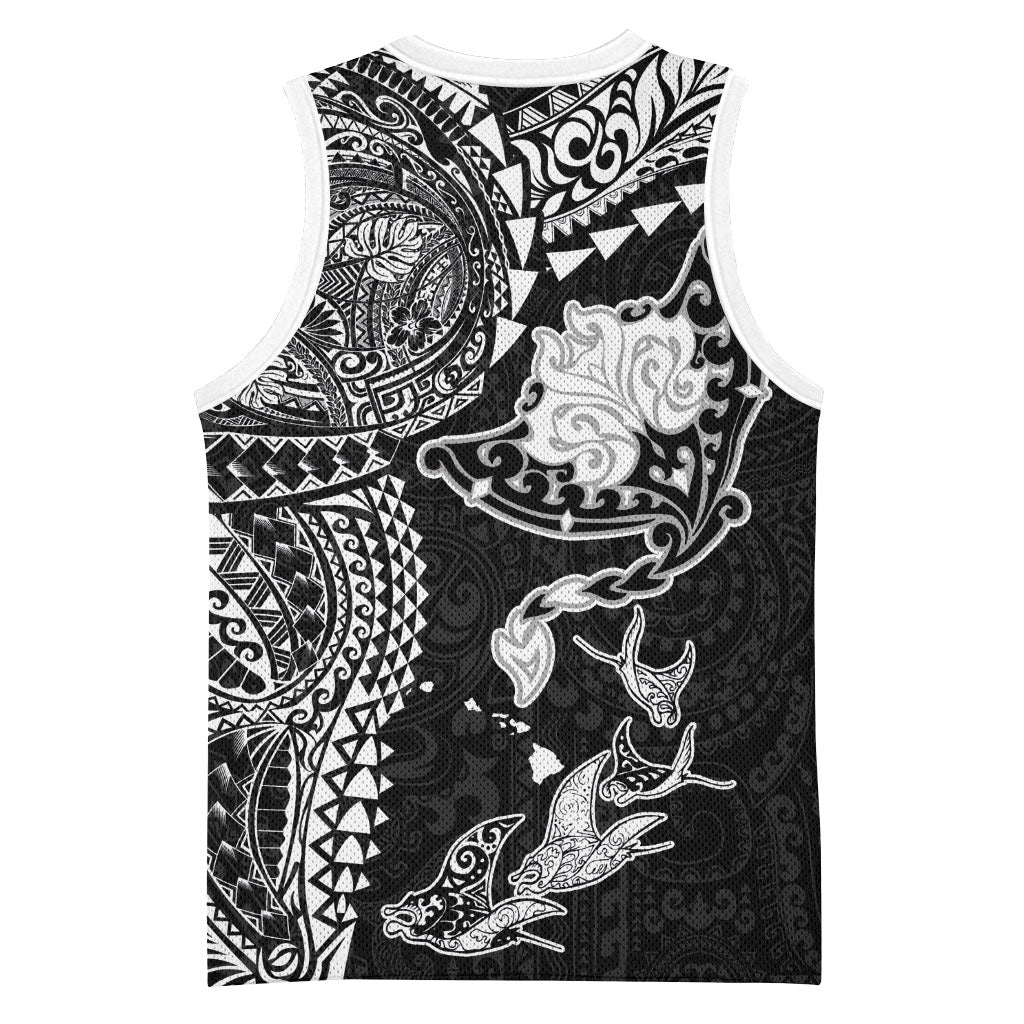 Hawaiian Manta Ray Tribal Basketball Jersey Polynesian Art Motifs Black Color LT03 - Polynesian Pride