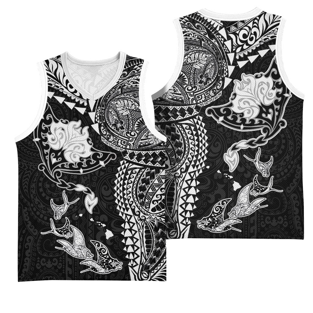 Hawaiian Manta Ray Tribal Basketball Jersey Polynesian Art Motifs Black Color LT03 - Polynesian Pride