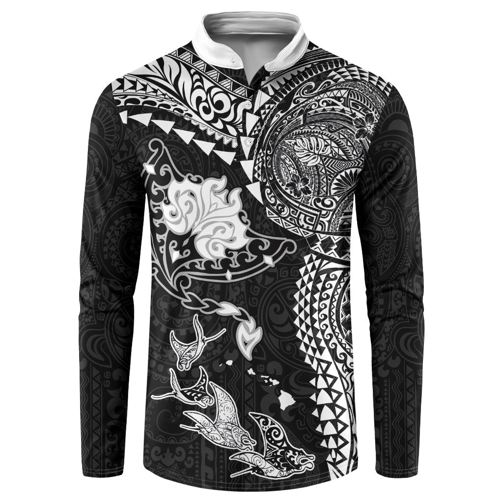 Hawaiian Manta Ray Tribal Button Sweatshirt Polynesian Art Motifs Black Color LT03 Black - Polynesian Pride