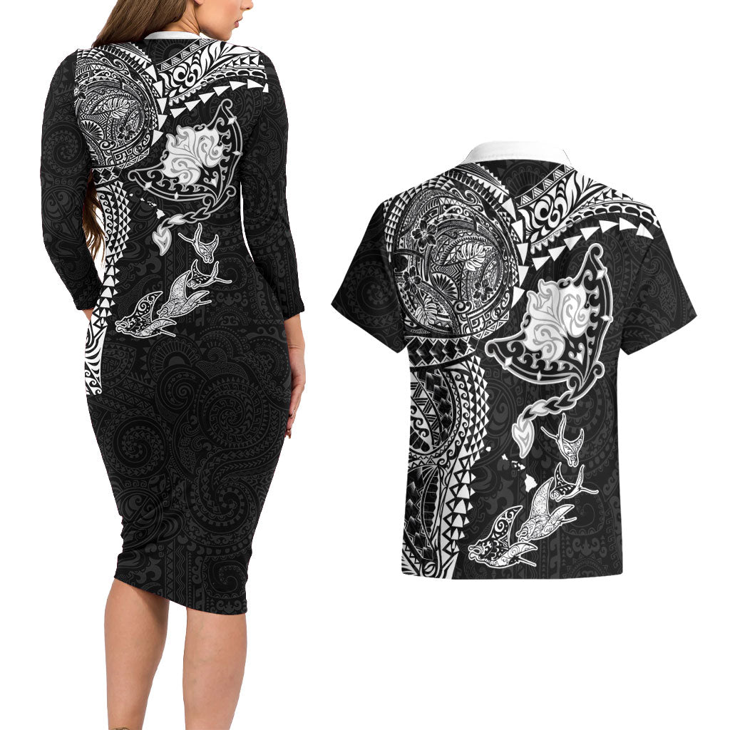 Hawaiian Manta Ray Tribal Couples Matching Long Sleeve Bodycon Dress and Hawaiian Shirt Polynesian Art Motifs Black Color LT03 - Polynesian Pride