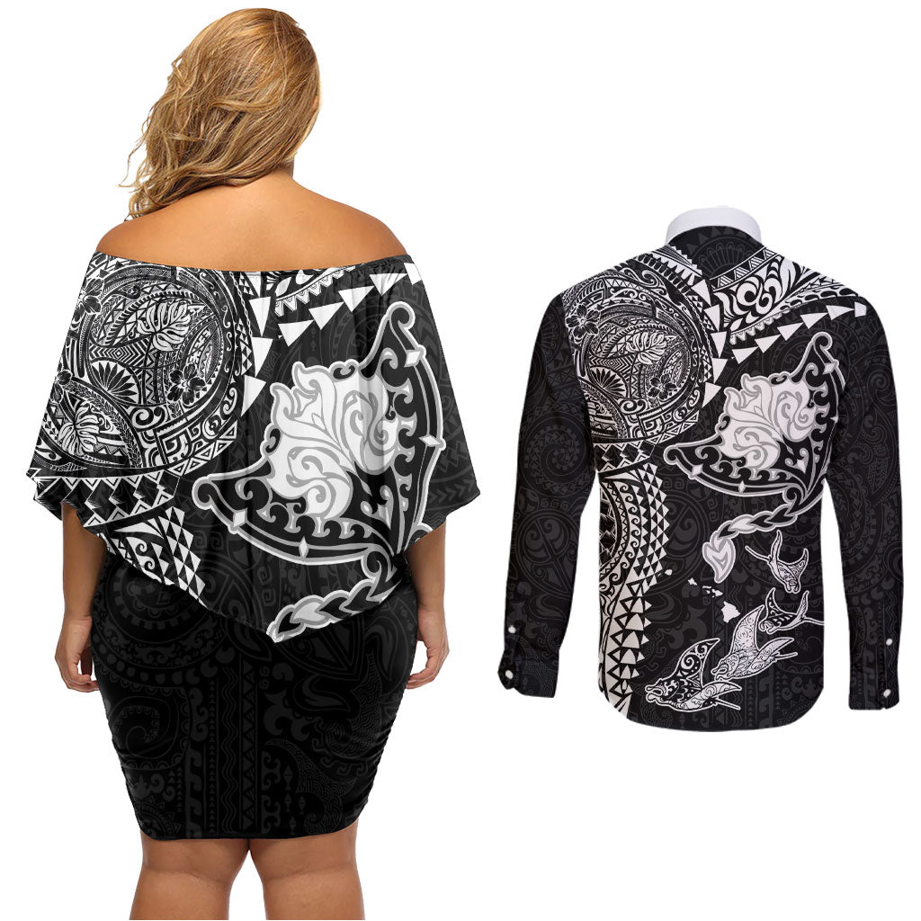 Hawaiian Manta Ray Tribal Couples Matching Off Shoulder Short Dress and Long Sleeve Button Shirt Polynesian Art Motifs Black Color LT03 - Polynesian Pride