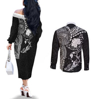 Hawaiian Manta Ray Tribal Couples Matching Off The Shoulder Long Sleeve Dress and Long Sleeve Button Shirt Polynesian Art Motifs Black Color LT03 - Polynesian Pride