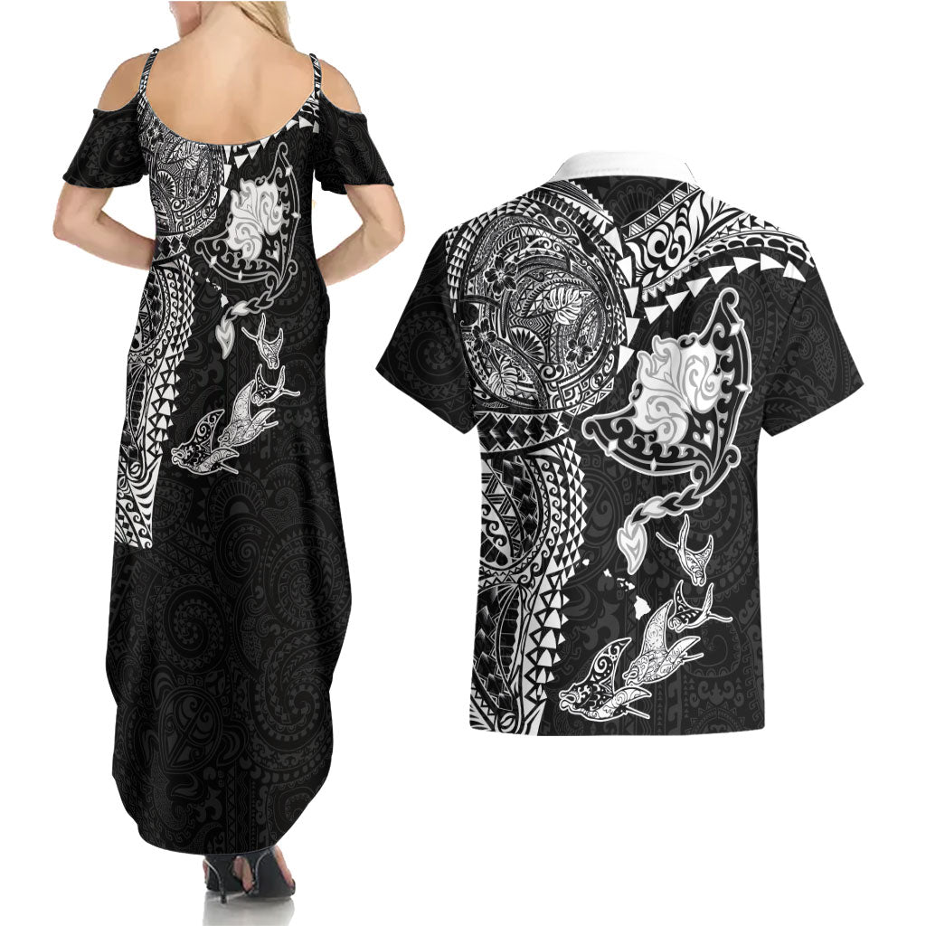 Hawaiian Manta Ray Tribal Couples Matching Summer Maxi Dress and Hawaiian Shirt Polynesian Art Motifs Black Color LT03 - Polynesian Pride
