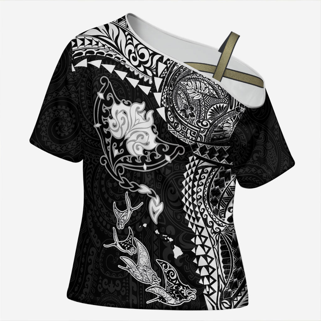 Hawaiian Manta Ray Tribal Cross Shoulder Shirt Polynesian Art Motifs Black Color LT03 Female Black - Polynesian Pride