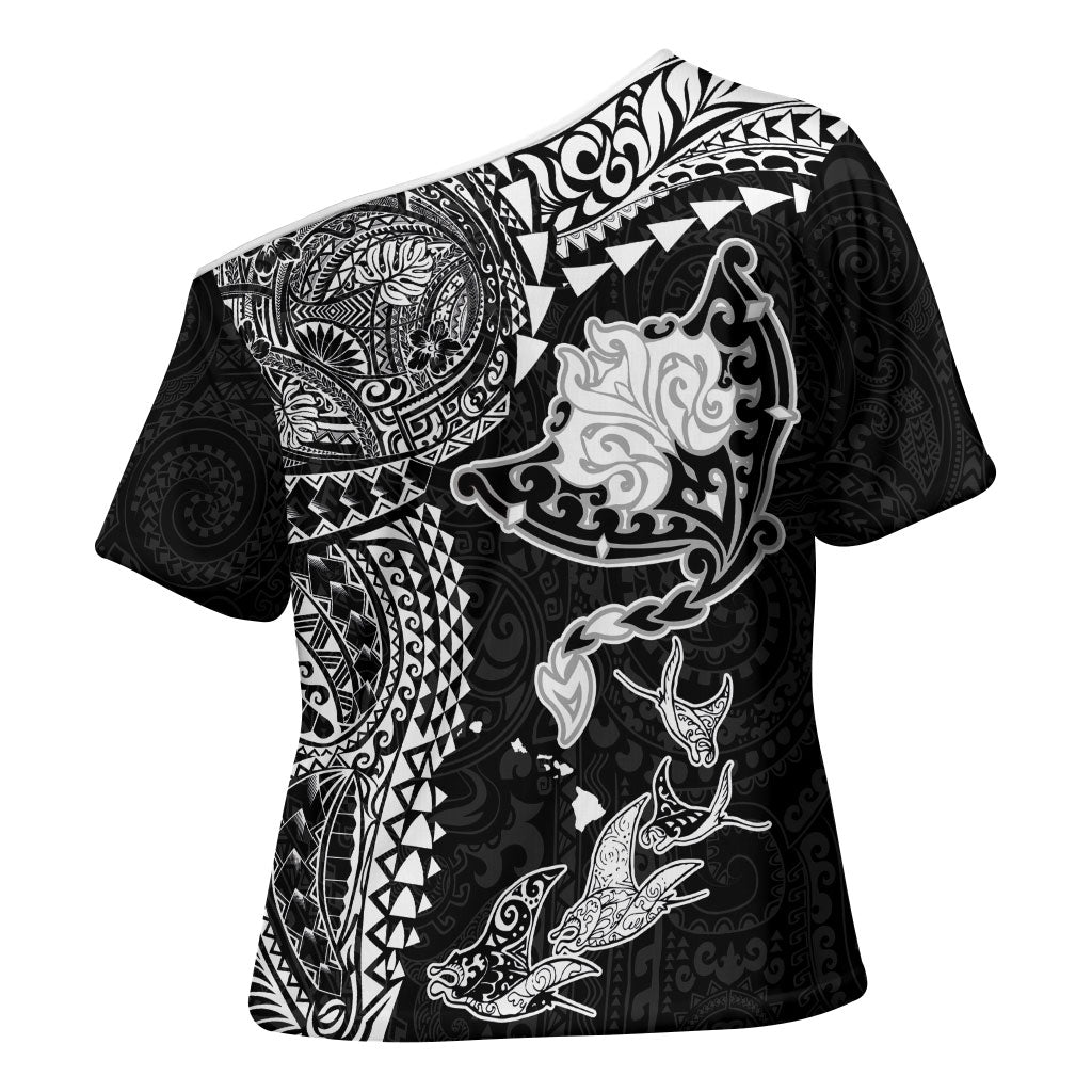 Hawaiian Manta Ray Tribal Cross Shoulder Shirt Polynesian Art Motifs Black Color LT03 - Polynesian Pride