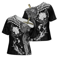 Hawaiian Manta Ray Tribal Cross Shoulder Shirt Polynesian Art Motifs Black Color LT03 - Polynesian Pride