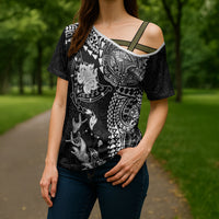 Hawaiian Manta Ray Tribal Cross Shoulder Shirt Polynesian Art Motifs Black Color LT03 - Polynesian Pride
