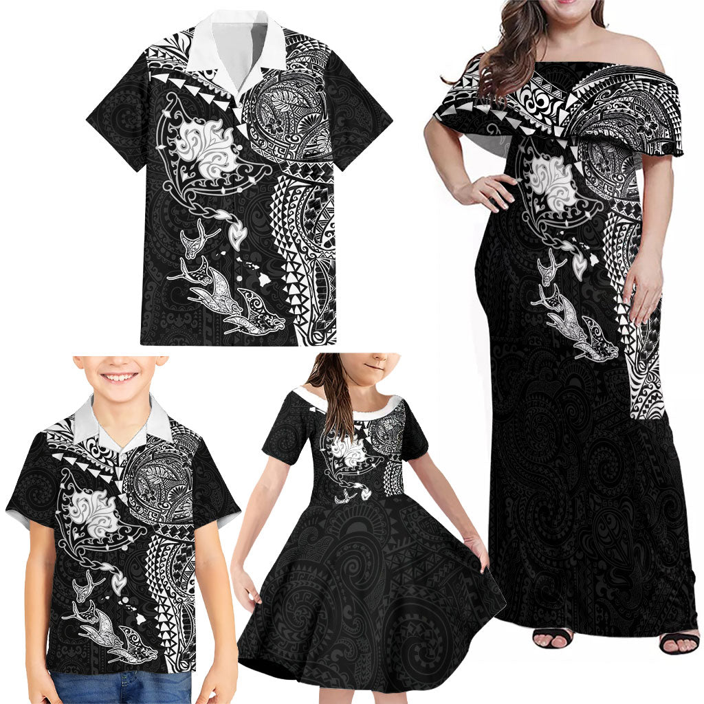 Hawaiian Manta Ray Tribal Family Matching Off Shoulder Maxi Dress and Hawaiian Shirt Polynesian Art Motifs Black Color LT03 - Polynesian Pride
