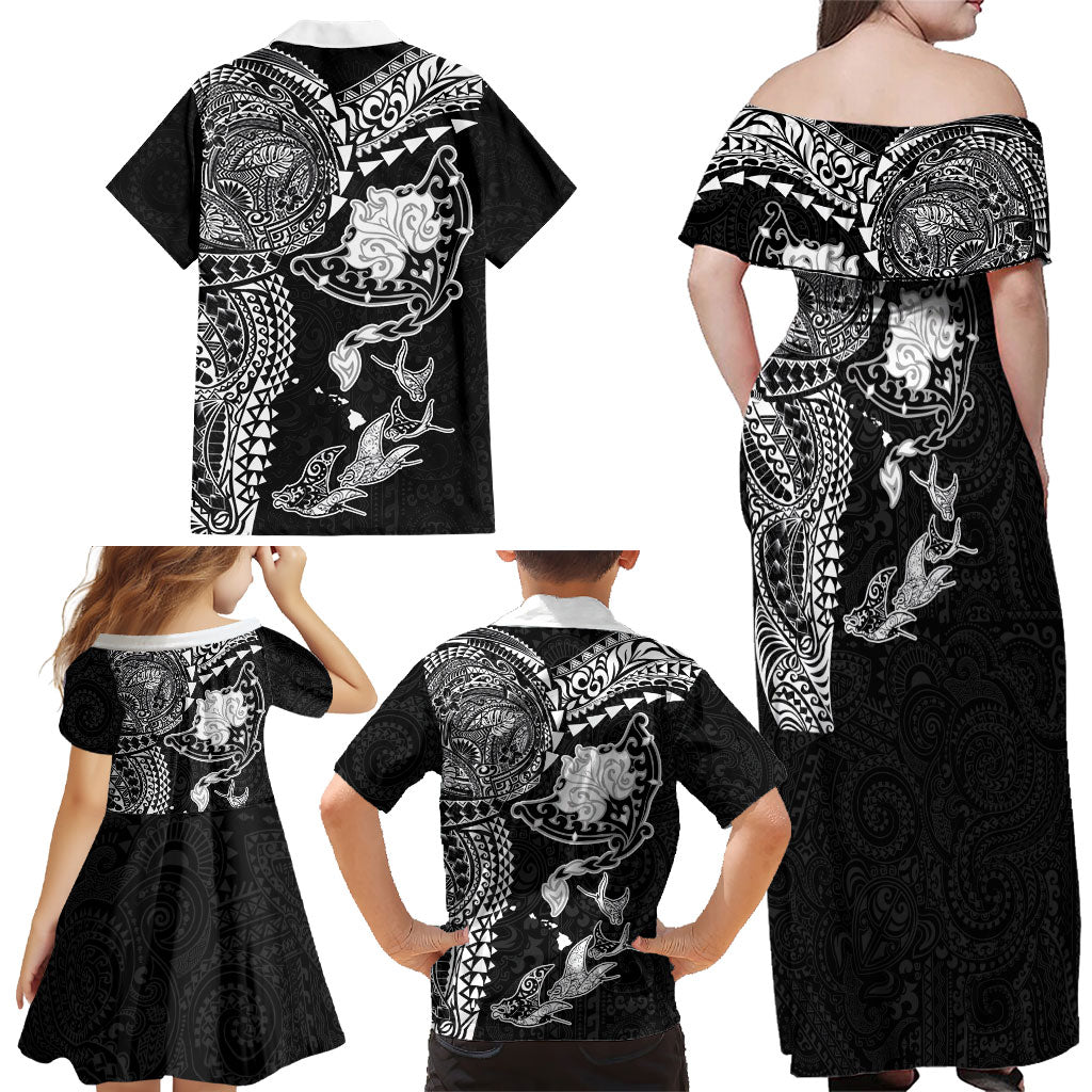 Hawaiian Manta Ray Tribal Family Matching Off Shoulder Maxi Dress and Hawaiian Shirt Polynesian Art Motifs Black Color LT03 - Polynesian Pride