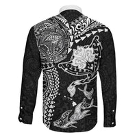 Hawaiian Manta Ray Tribal Family Matching Off Shoulder Maxi Dress and Hawaiian Shirt Polynesian Art Motifs Black Color LT03 - Polynesian Pride
