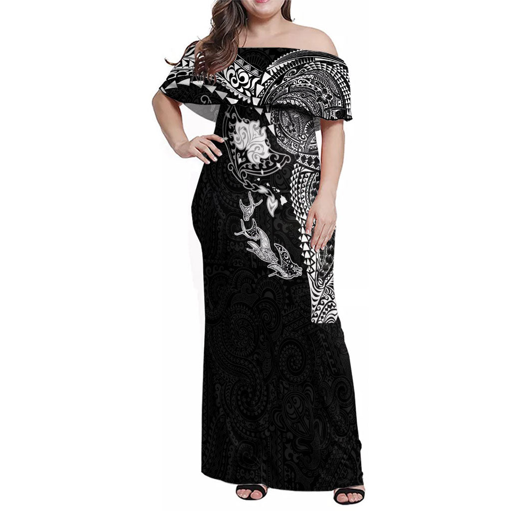 Hawaiian Manta Ray Tribal Family Matching Off Shoulder Maxi Dress and Hawaiian Shirt Polynesian Art Motifs Black Color LT03 Mom's Dress Black - Polynesian Pride