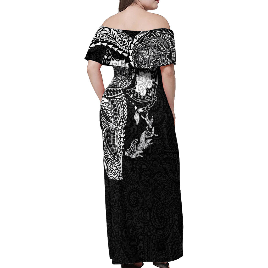 Hawaiian Manta Ray Tribal Family Matching Off Shoulder Maxi Dress and Hawaiian Shirt Polynesian Art Motifs Black Color LT03 - Polynesian Pride