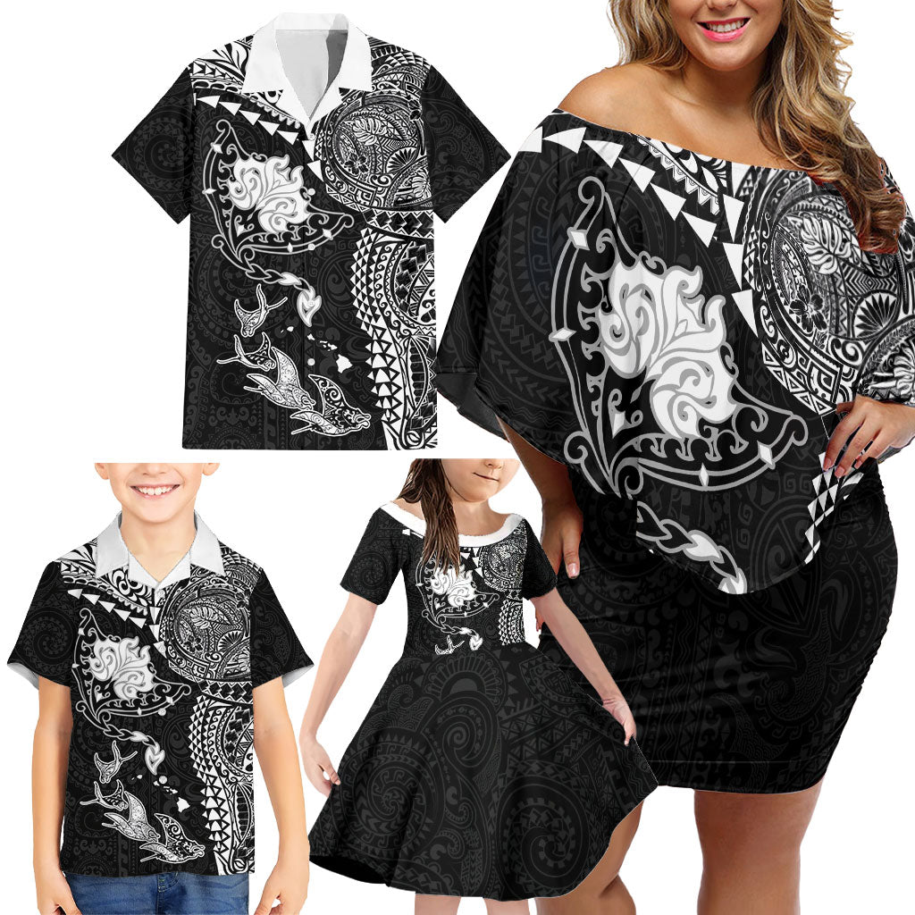Hawaiian Manta Ray Tribal Family Matching Off Shoulder Short Dress and Hawaiian Shirt Polynesian Art Motifs Black Color LT03 - Polynesian Pride