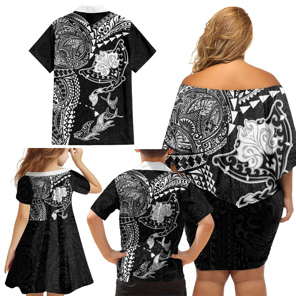 Hawaiian Manta Ray Tribal Family Matching Off Shoulder Short Dress and Hawaiian Shirt Polynesian Art Motifs Black Color LT03 - Polynesian Pride