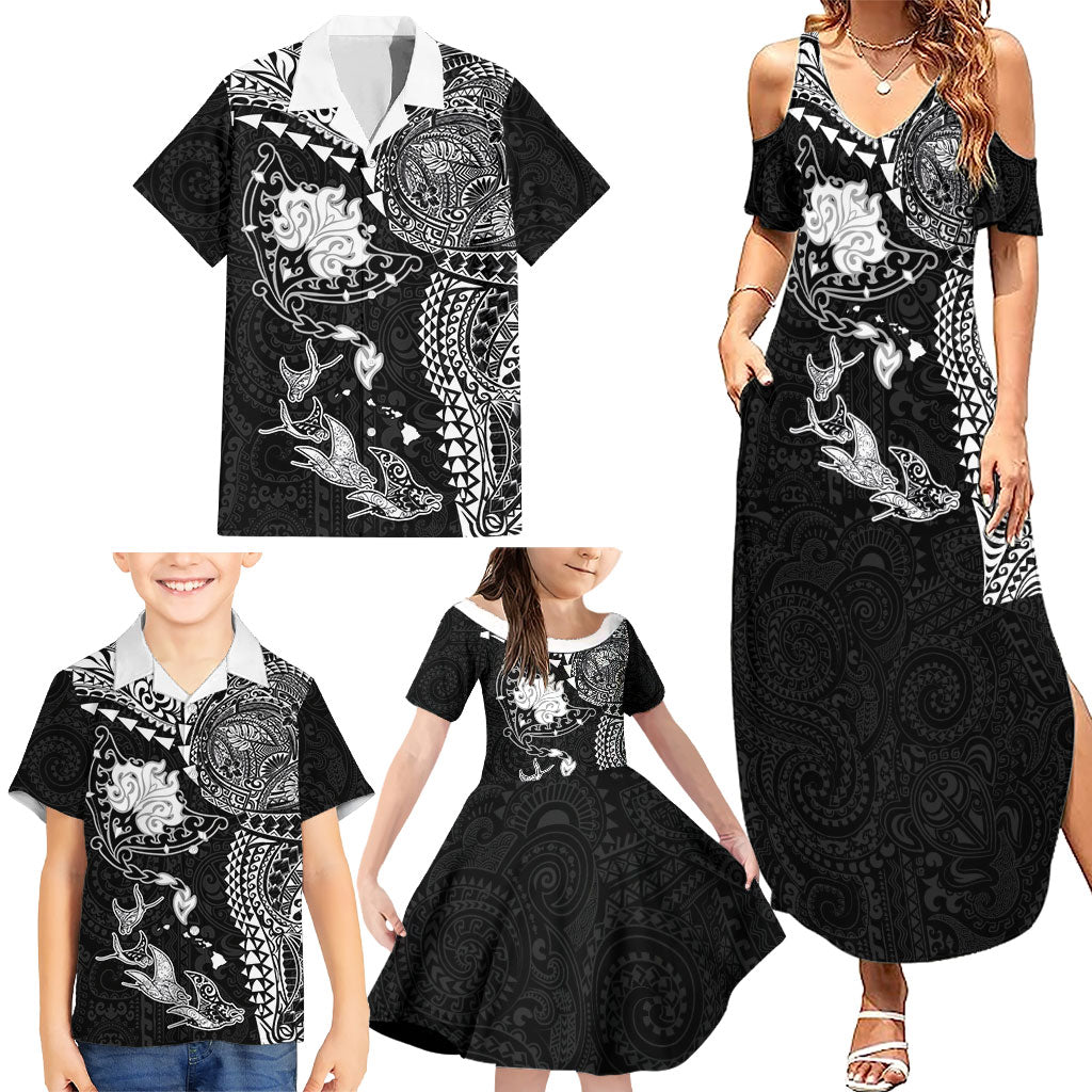 Hawaiian Manta Ray Tribal Family Matching Summer Maxi Dress and Hawaiian Shirt Polynesian Art Motifs Black Color LT03 - Polynesian Pride