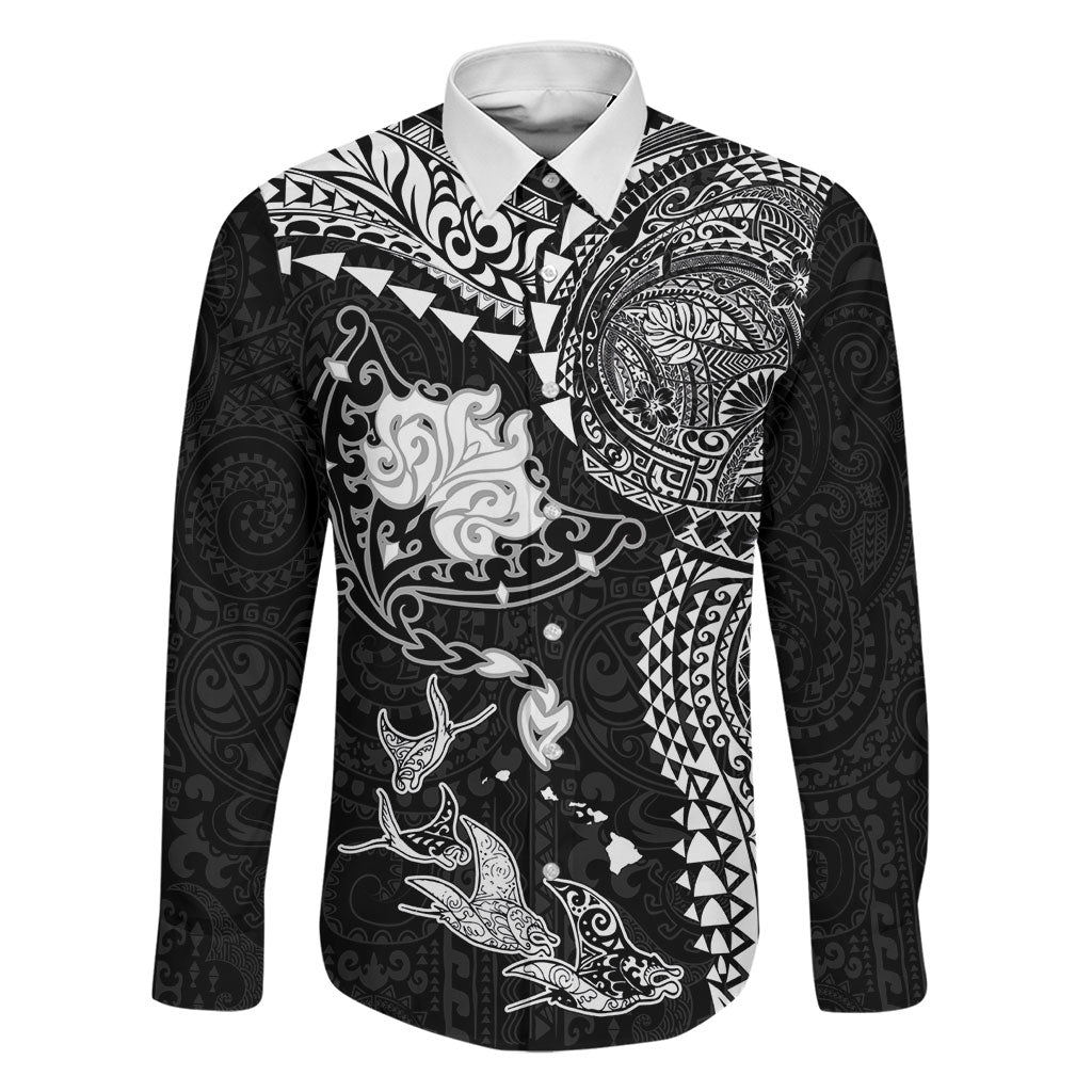 Hawaiian Manta Ray Tribal Family Matching Summer Maxi Dress and Hawaiian Shirt Polynesian Art Motifs Black Color LT03 Dad's Shirt - Long Sleeve Black - Polynesian Pride