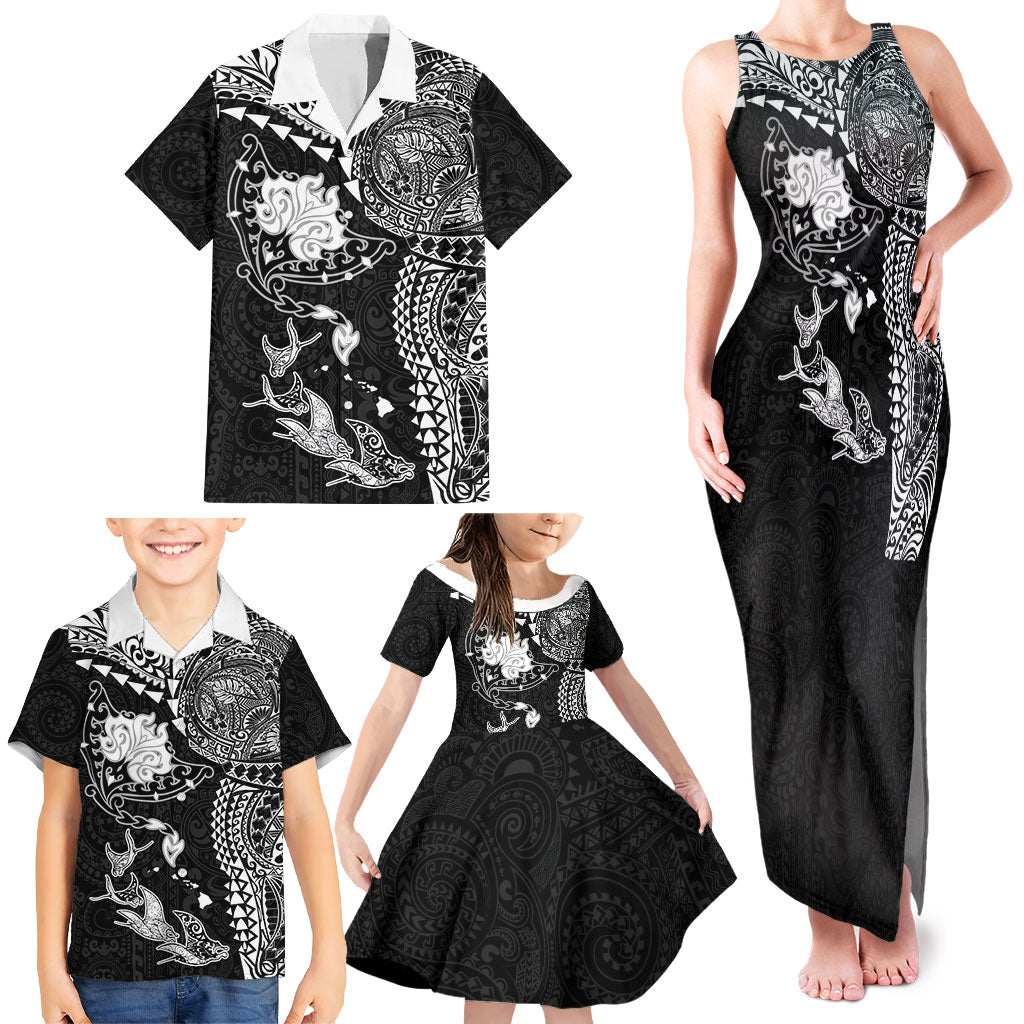 Hawaiian Manta Ray Tribal Family Matching Tank Maxi Dress and Hawaiian Shirt Polynesian Art Motifs Black Color LT03 - Polynesian Pride