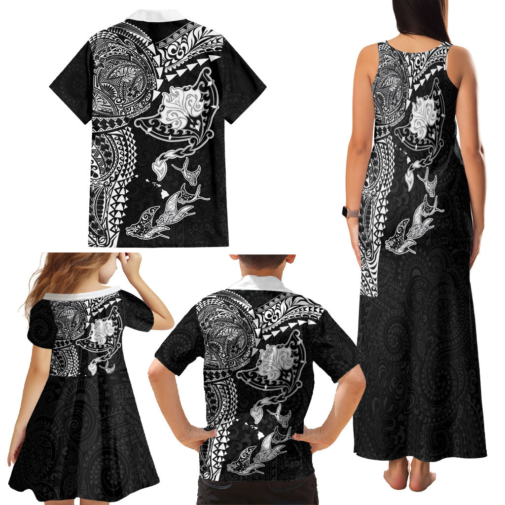 Hawaiian Manta Ray Tribal Family Matching Tank Maxi Dress and Hawaiian Shirt Polynesian Art Motifs Black Color LT03 - Polynesian Pride