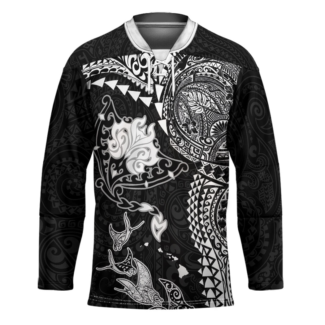 Hawaiian Manta Ray Tribal Hockey Jersey Polynesian Art Motifs Black Color LT03 Unisex Black - Polynesian Pride