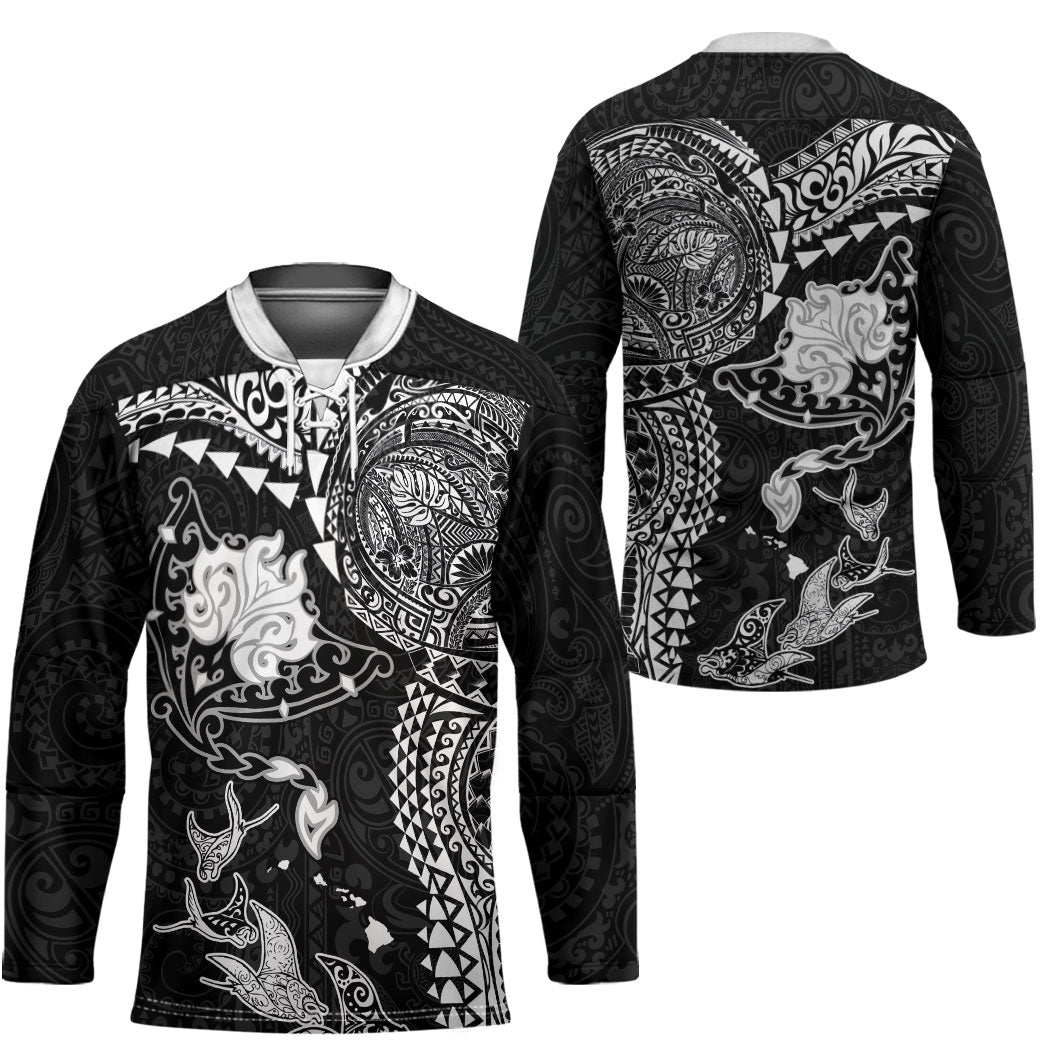 Hawaiian Manta Ray Tribal Hockey Jersey Polynesian Art Motifs Black Color LT03 - Polynesian Pride