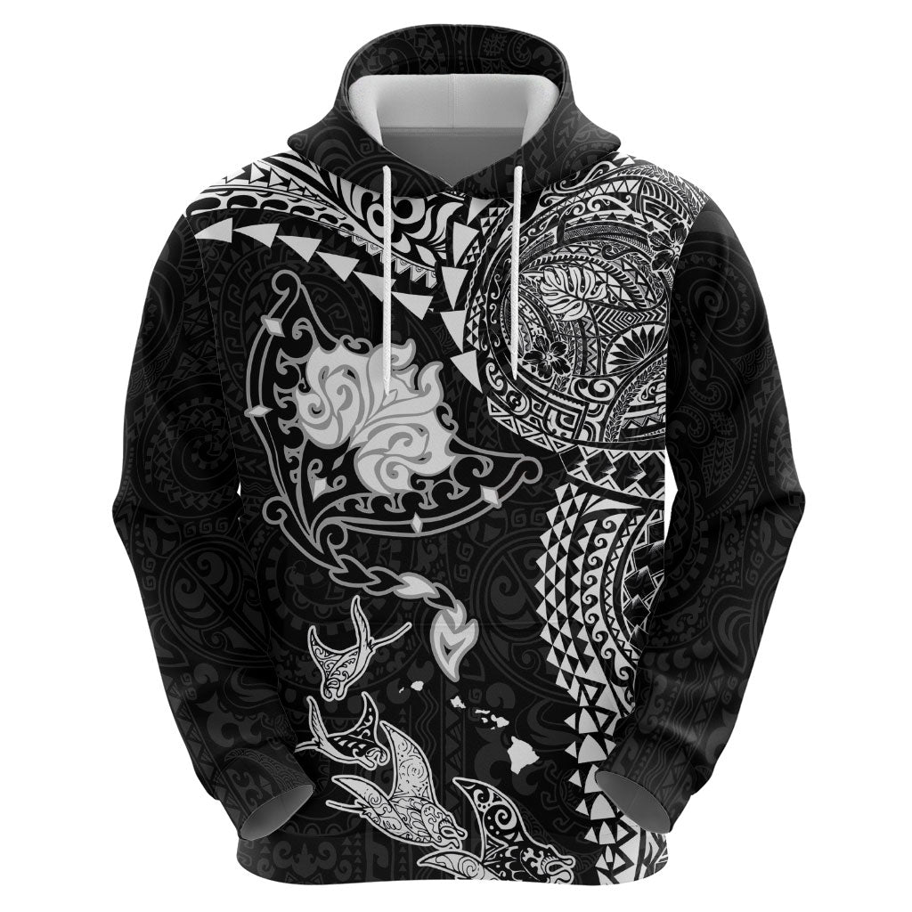 Hawaiian Manta Ray Tribal Hoodie Polynesian Art Motifs Black Color LT03 - Polynesian Pride