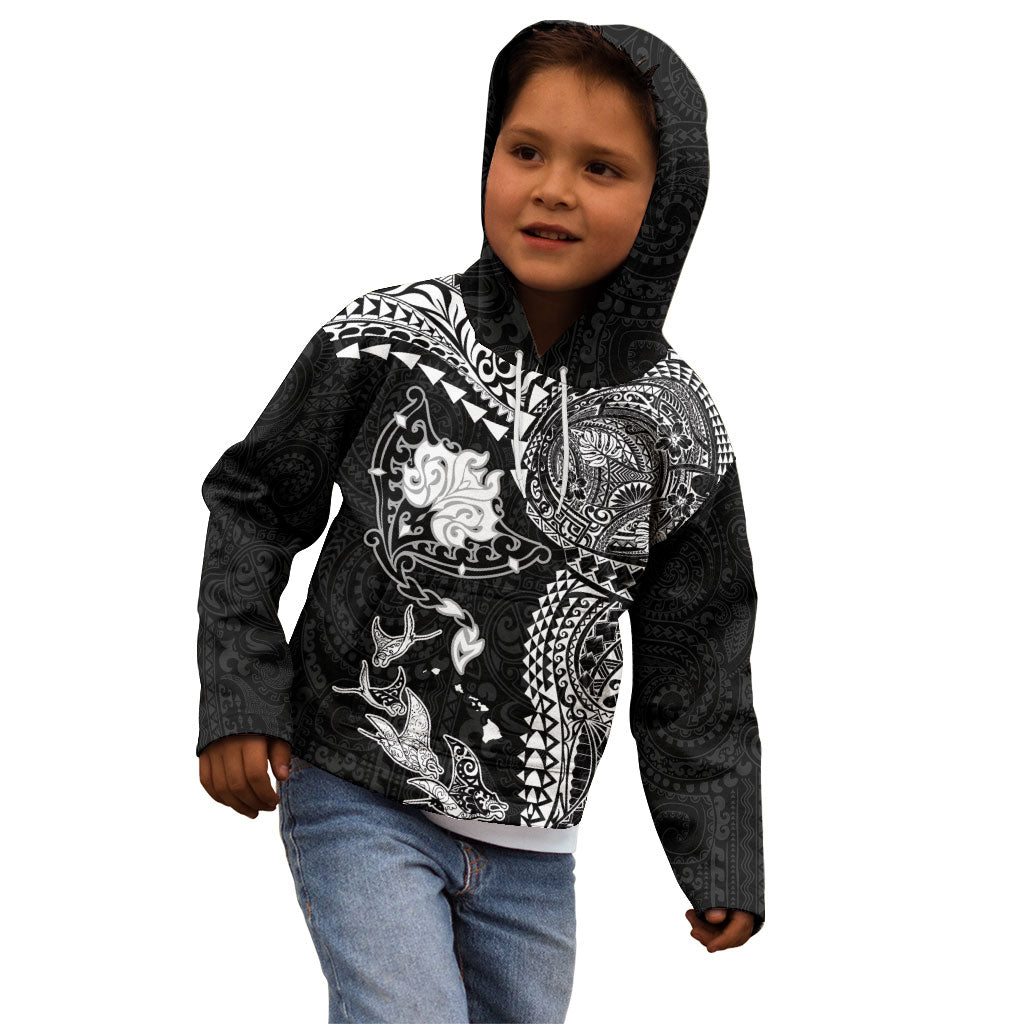 Hawaiian Manta Ray Tribal Kid Hoodie Polynesian Art Motifs Black Color LT03 - Polynesian Pride