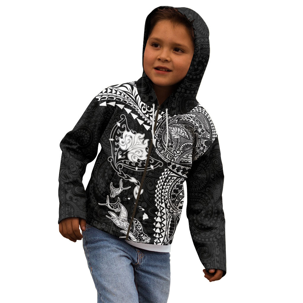 Hawaiian Manta Ray Tribal Kid Hoodie Polynesian Art Motifs Black Color LT03 - Polynesian Pride