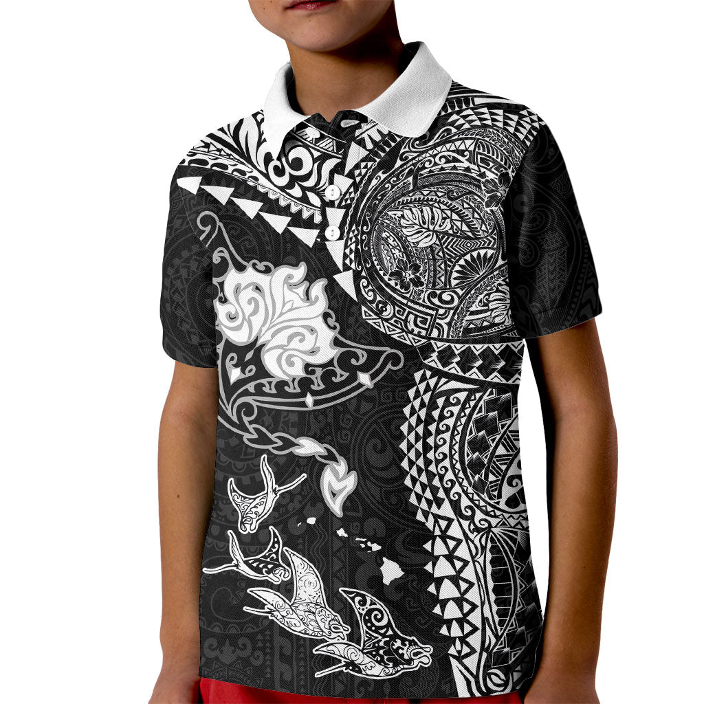 Hawaiian Manta Ray Tribal Kid Polo Shirt Polynesian Art Motifs Black Color