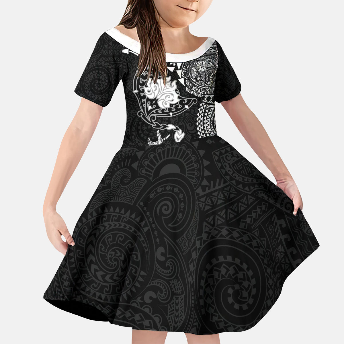 Hawaiian Manta Ray Tribal Kid Short Sleeve Dress Polynesian Art Motifs Black Color LT03 KID Black - Polynesian Pride