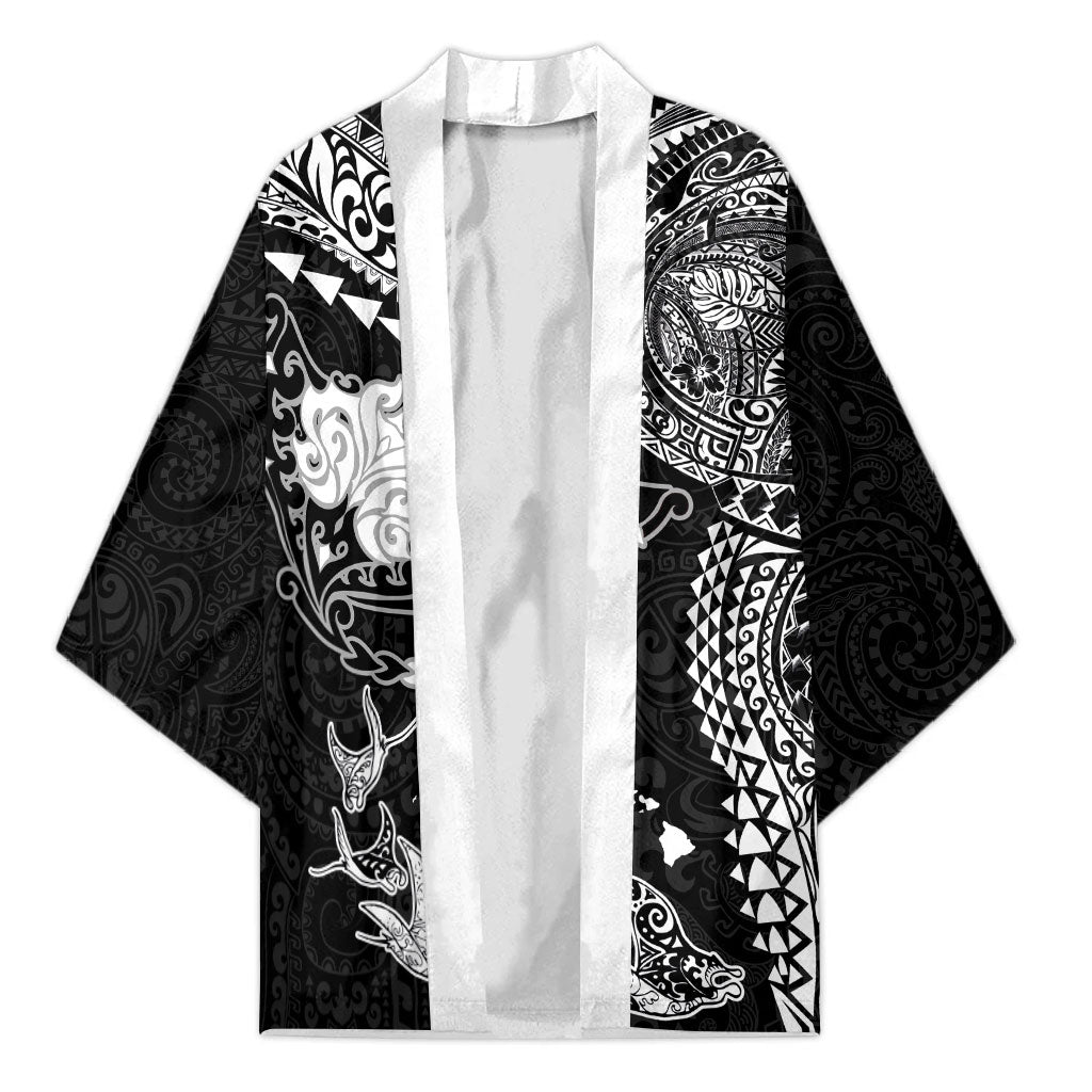 Hawaiian Manta Ray Tribal Kimono Polynesian Art Motifs Black Color LT03 Unisex Black - Polynesian Pride