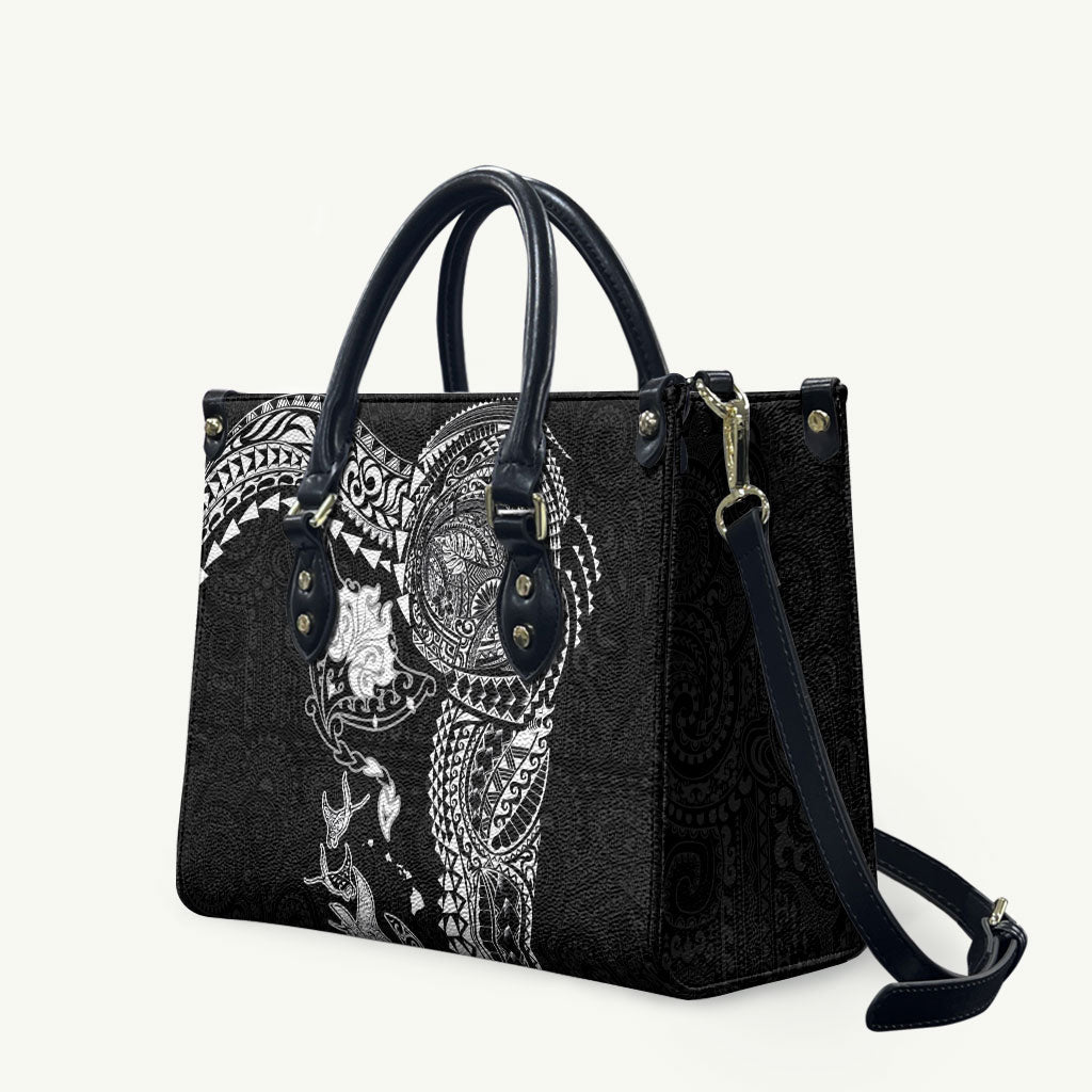 Hawaiian Manta Ray Tribal Leather Bag Polynesian Art Motifs Black Color LT03 Black - Polynesian Pride