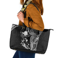 Hawaiian Manta Ray Tribal Leather Tote Bag Polynesian Art Motifs Black Color