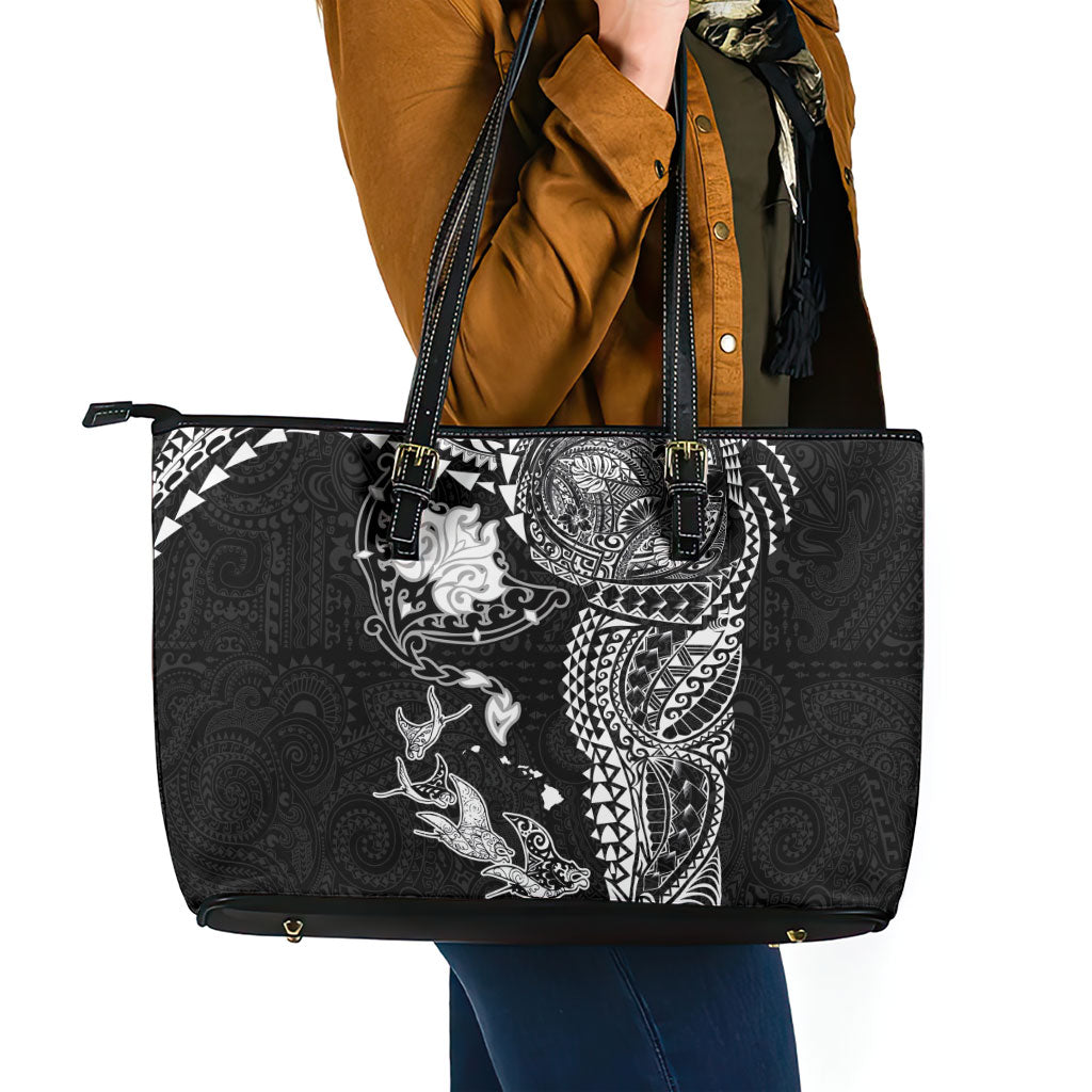 Hawaiian Manta Ray Tribal Leather Tote Bag Polynesian Art Motifs Black Color