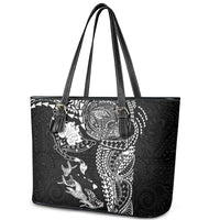 Hawaiian Manta Ray Tribal Leather Tote Bag Polynesian Art Motifs Black Color