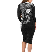 Hawaiian Manta Ray Tribal Long Sleeve Bodycon Dress Polynesian Art Motifs Black Color LT03 - Polynesian Pride