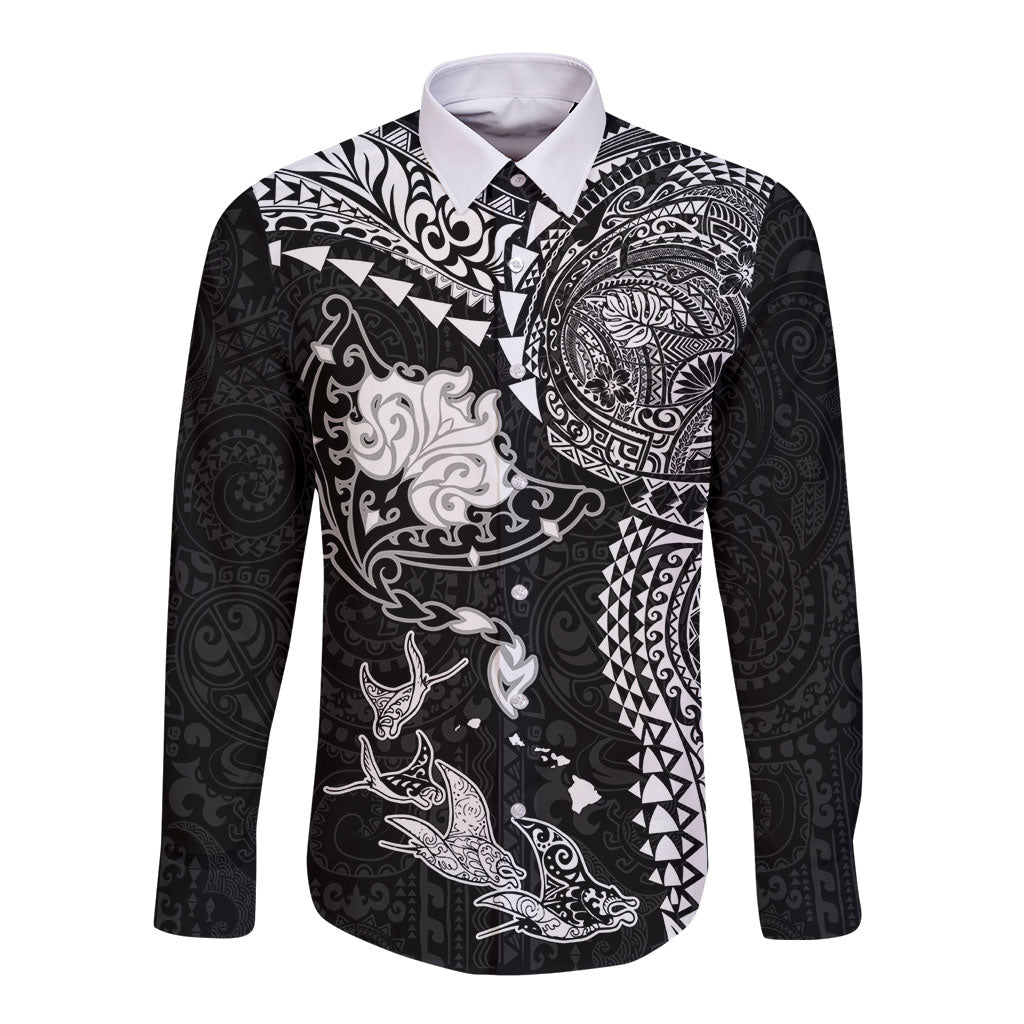 Hawaiian Manta Ray Tribal Long Sleeve Button Shirt Polynesian Art Motifs Black Color LT03 Unisex Black - Polynesian Pride