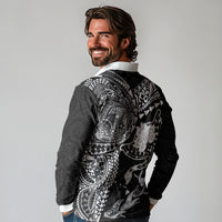 Hawaiian Manta Ray Tribal Long Sleeve Polo Shirt Polynesian Art Motifs Black Color LT03 - Polynesian Pride