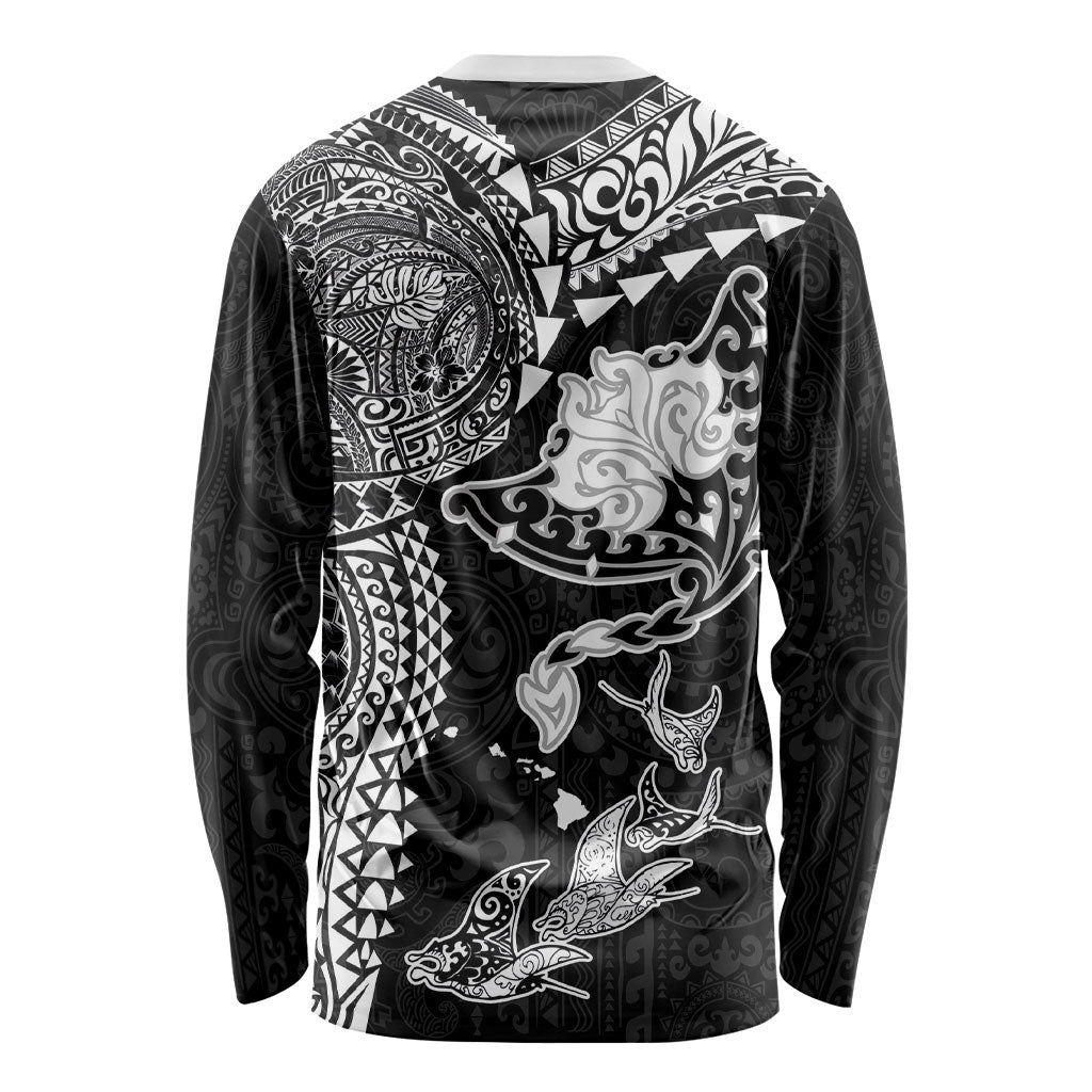 Hawaiian Manta Ray Tribal Long Sleeve Shirt Polynesian Art Motifs Black Color LT03 - Polynesian Pride