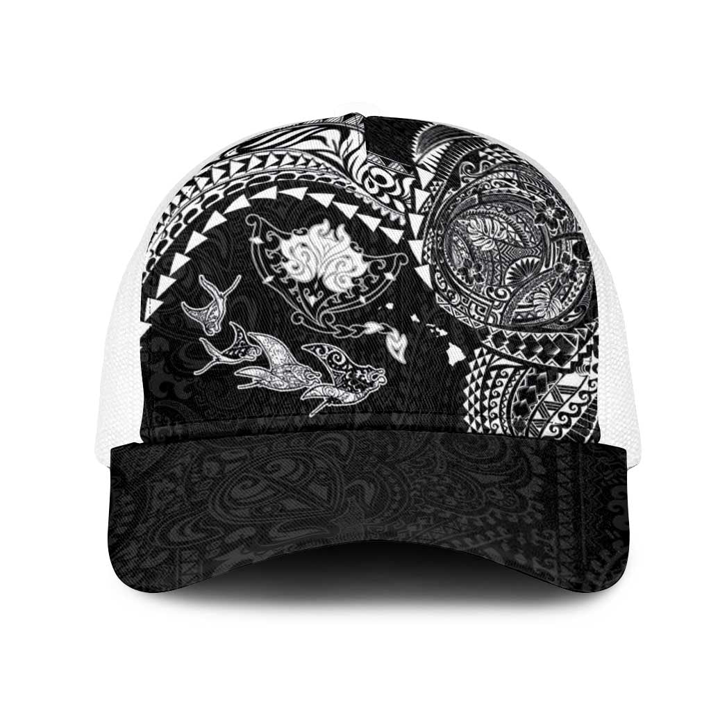 Hawaiian Manta Ray Tribal Mesh Trucker Cap Polynesian Art Motifs Black Color