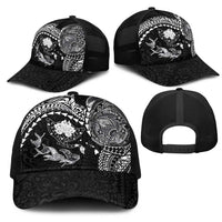Hawaiian Manta Ray Tribal Mesh Trucker Cap Polynesian Art Motifs Black Color