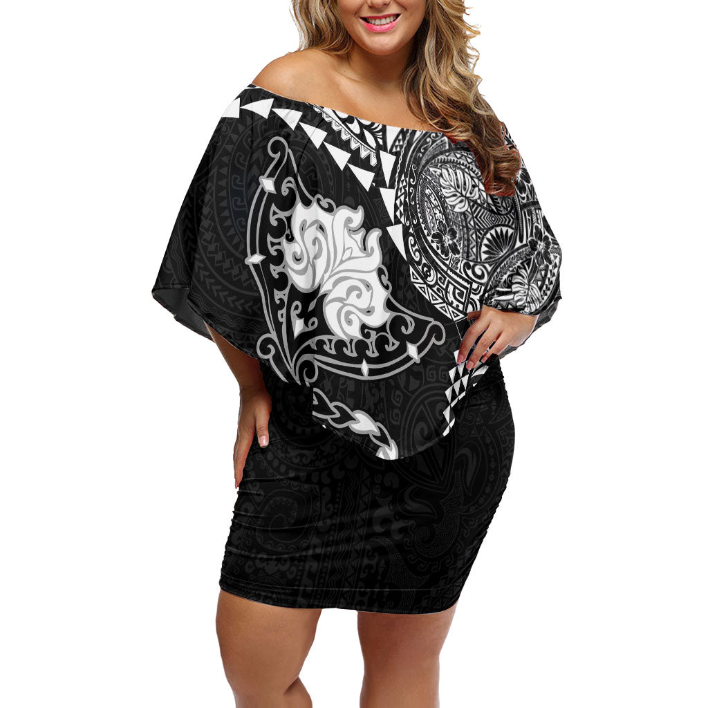 Hawaiian Manta Ray Tribal Off Shoulder Short Dress Polynesian Art Motifs Black Color LT03 Women Black - Polynesian Pride