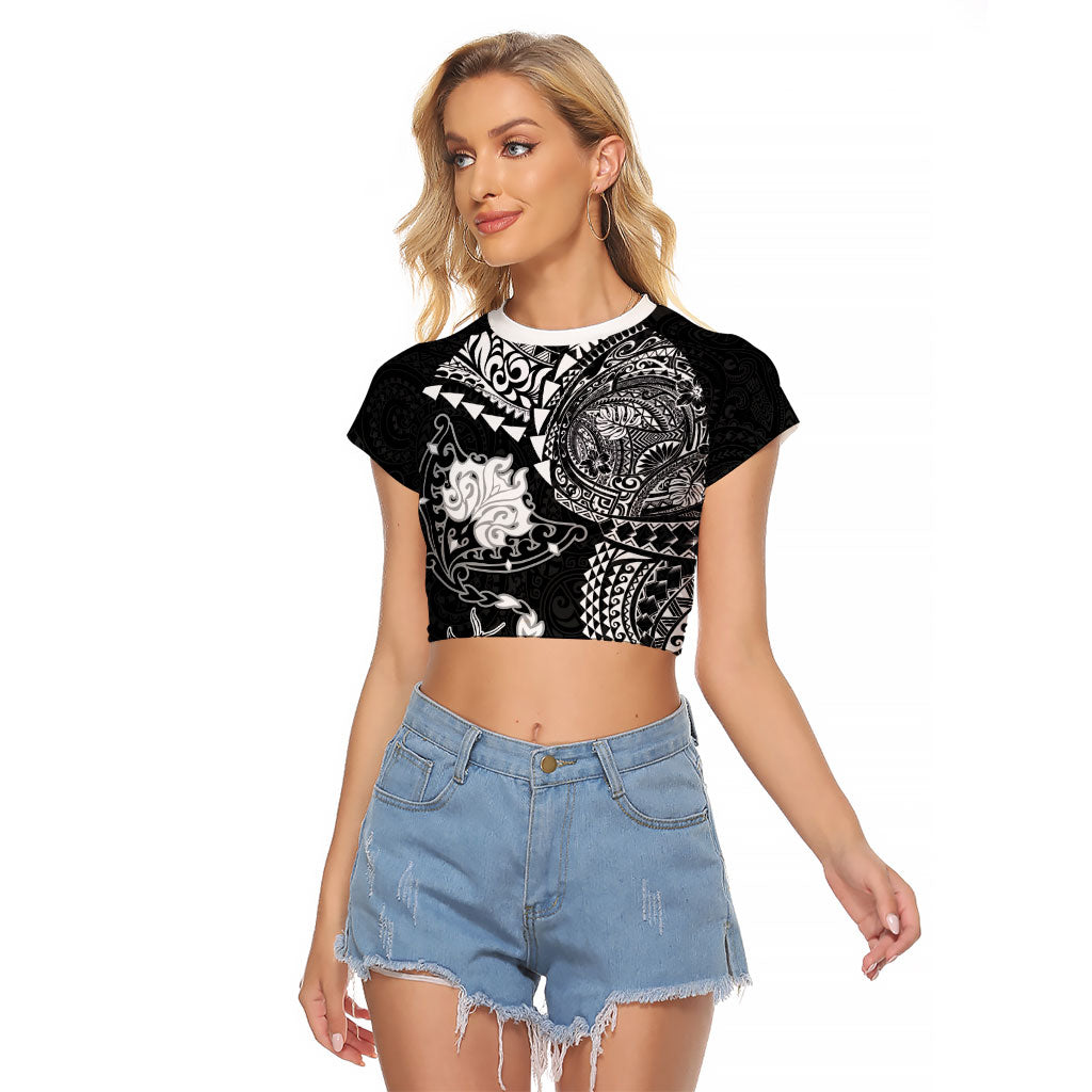 Hawaiian Manta Ray Tribal Raglan Cropped T Shirt Polynesian Art Motifs Black Color LT03 Female Black - Polynesian Pride