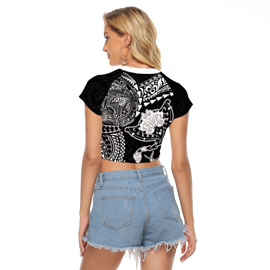 Hawaiian Manta Ray Tribal Raglan Cropped T Shirt Polynesian Art Motifs Black Color LT03 - Polynesian Pride