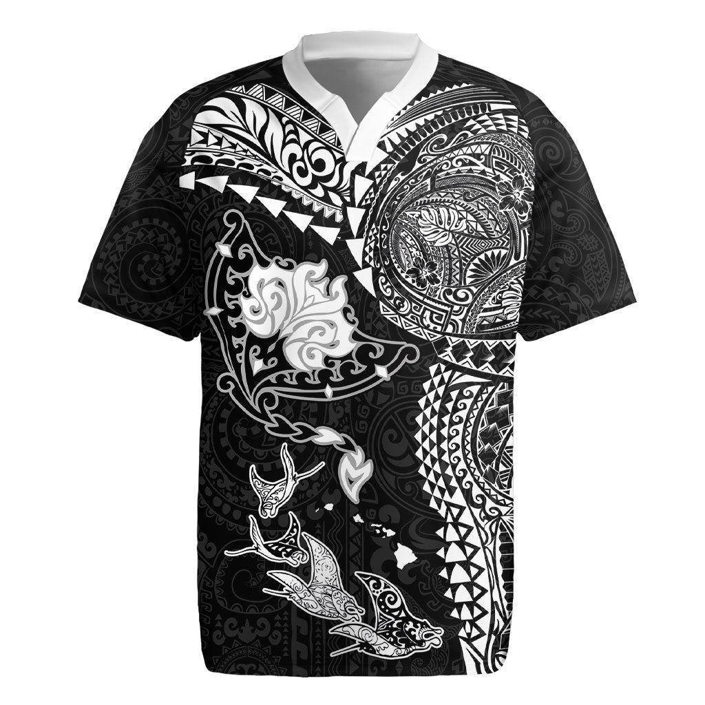Hawaiian Manta Ray Tribal Rugby Jersey Polynesian Art Motifs Black Color LT03 Black - Polynesian Pride