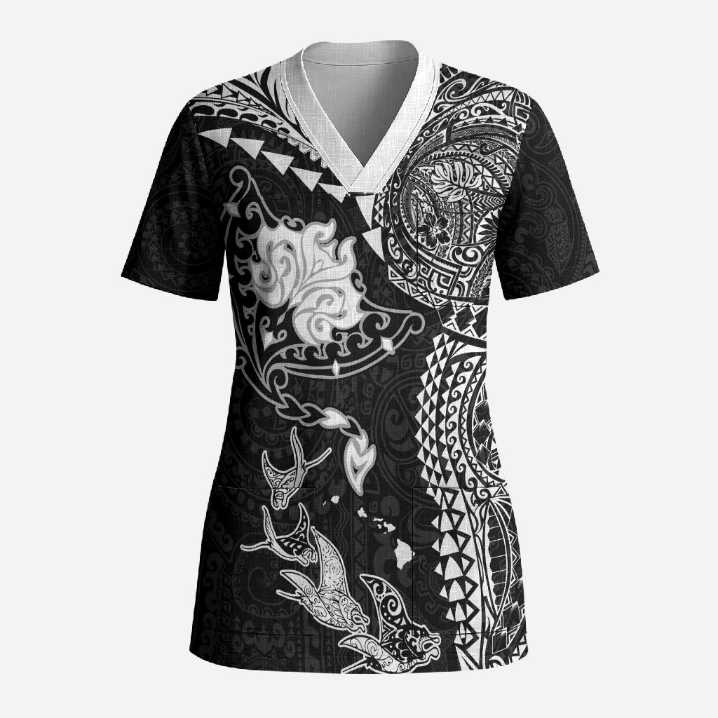 Hawaiian Manta Ray Tribal Scrub Top Polynesian Art Motifs Black Color LT03 Adult Black - Polynesian Pride