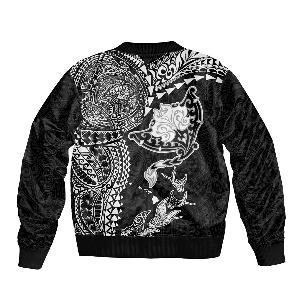 Hawaiian Manta Ray Tribal Sleeve Zip Bomber Jacket Polynesian Art Motifs Black Color