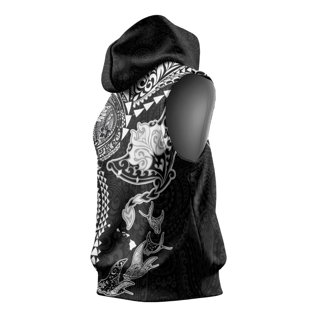 Hawaiian Manta Ray Tribal Sleeveless Hoodie Polynesian Art Motifs Black Color LT03 - Polynesian Pride
