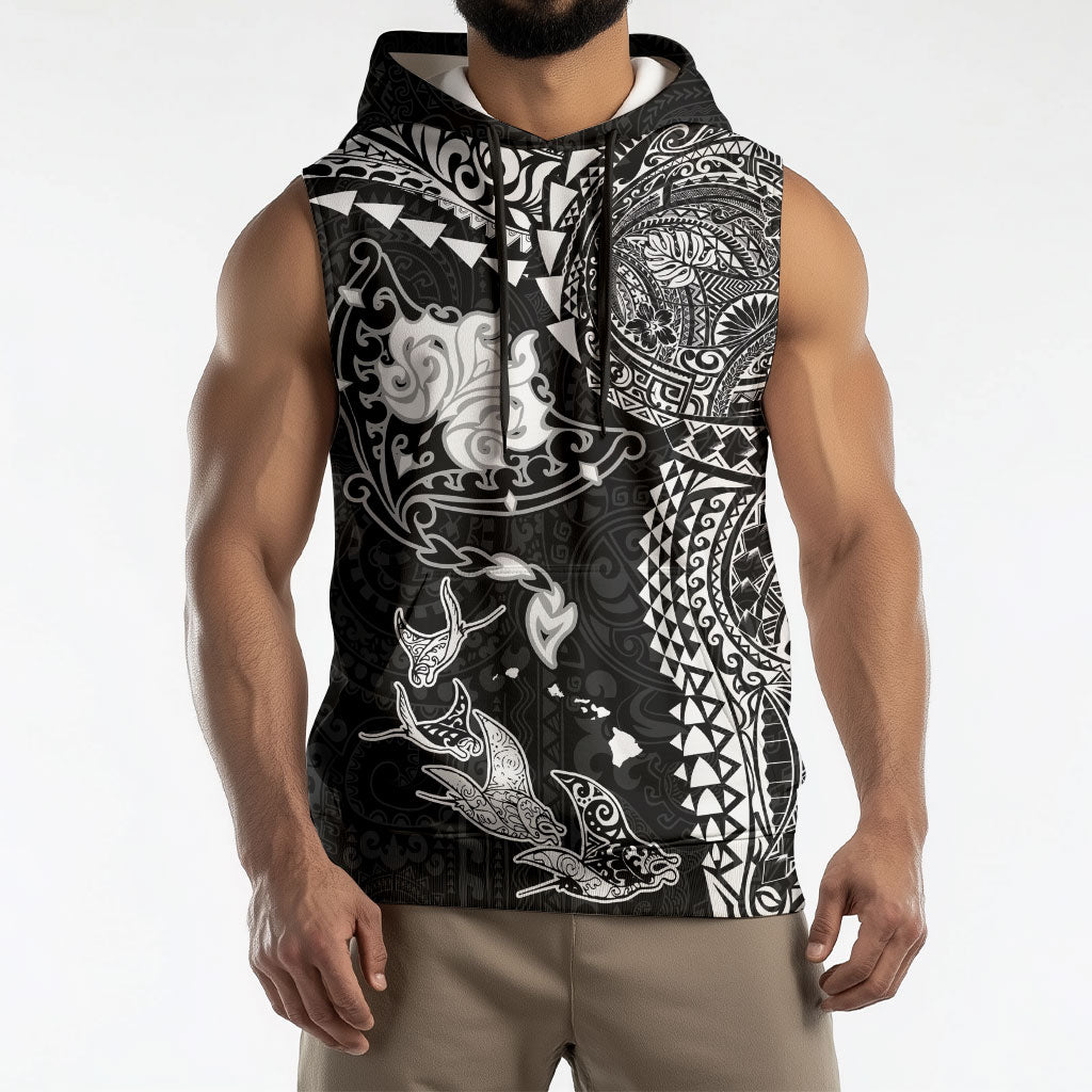 Hawaiian Manta Ray Tribal Sleeveless Hoodie Polynesian Art Motifs Black Color LT03 - Polynesian Pride